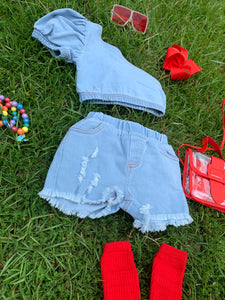 Denim Crop Short Set